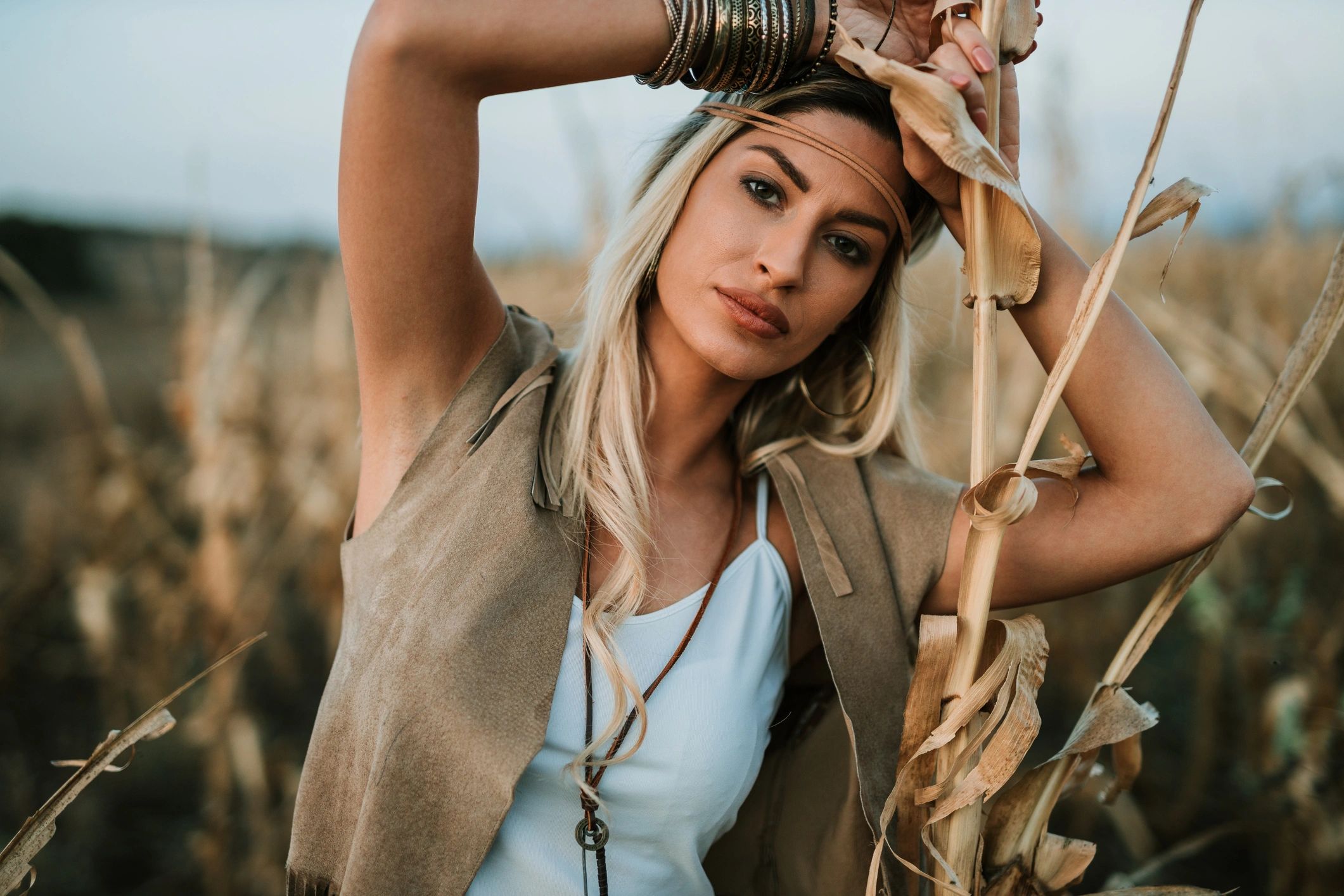 Soft, glowing sunset highlights an elegant ensemble